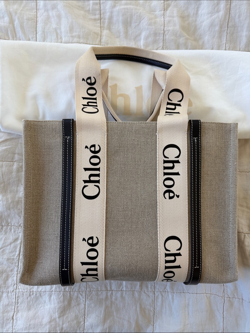 Chloé Beige Woody Canvas Tote with Logo Straps and Navy leather Trim